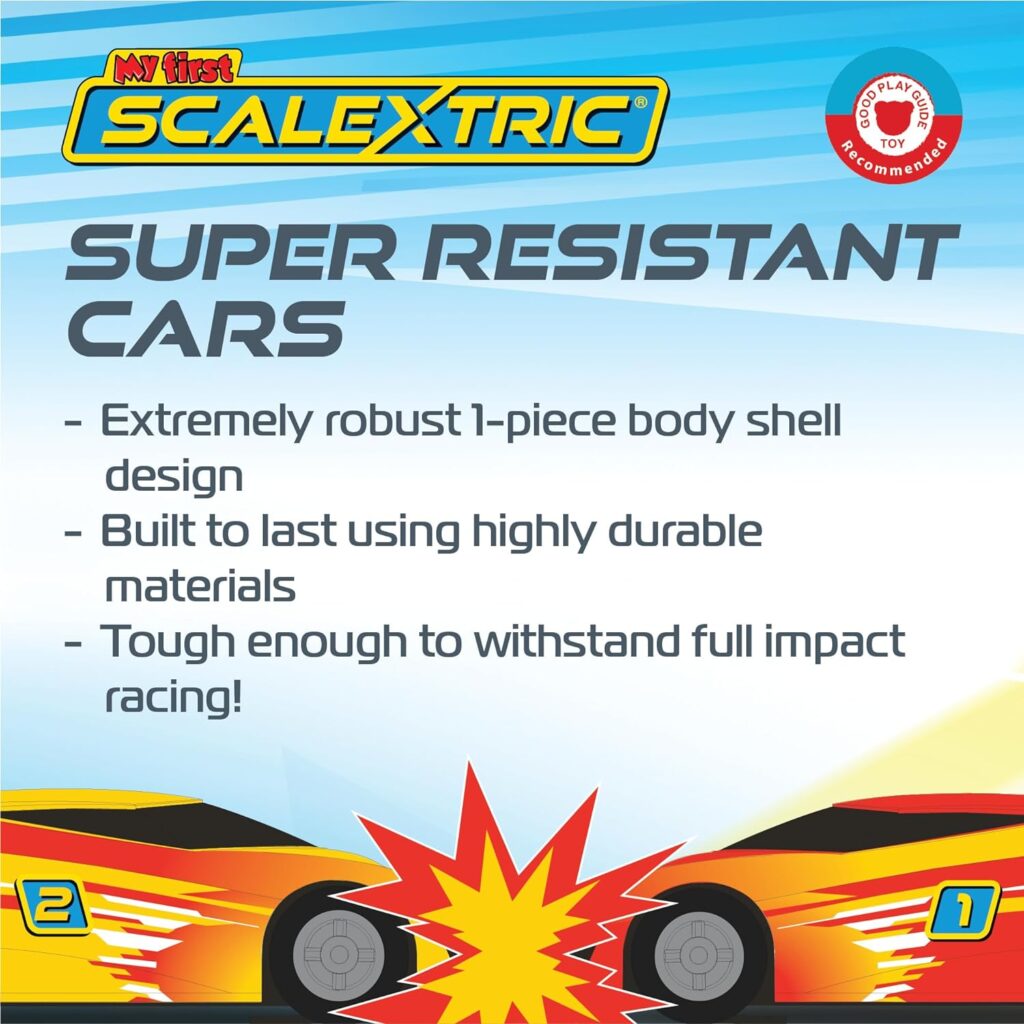 My First Scalextric - Mains Powered Race Sets - Slot Car Race Tracks for Kids Age 3+, Includes 1x Track Set, 1x Red Car, 1x Yellow Car, 1x Powerbase, 2x Speed Limiting Controllers  1x Transformer