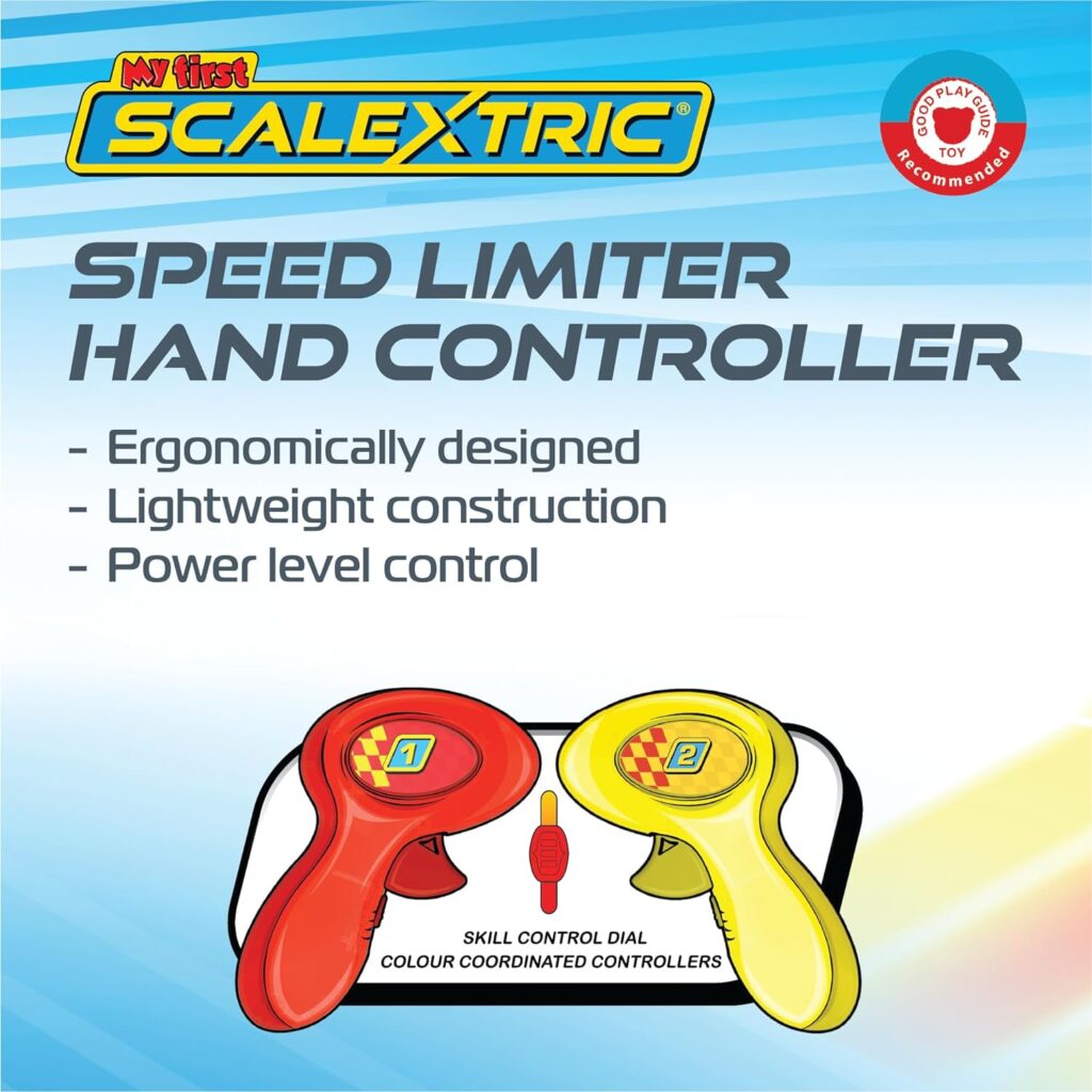 My First Scalextric - Mains Powered Race Sets - Slot Car Race Tracks for Kids Age 3+, Includes 1x Track Set, 1x Red Car, 1x Yellow Car, 1x Powerbase, 2x Speed Limiting Controllers  1x Transformer