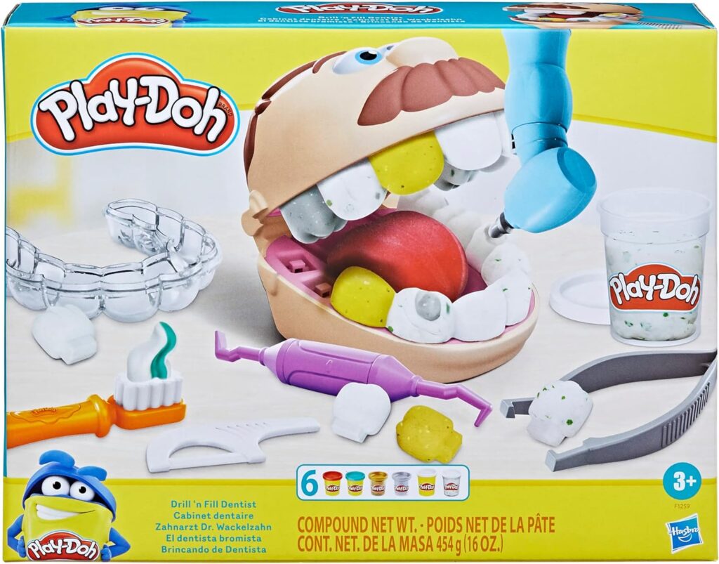 Play-Doh Drill n Fill Dentist Toy for Children 3 Years and Up with 8 Modelling Compound Pots, Non-Toxic, Assorted Colours