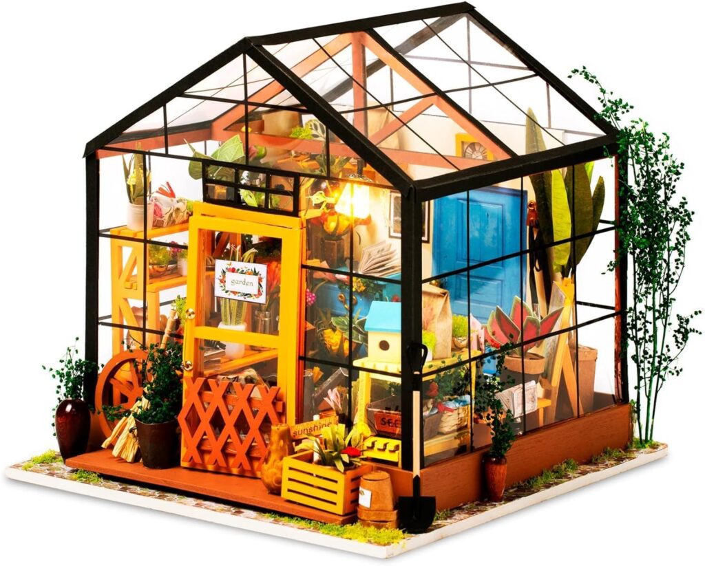 Robotime DIY Doll House kit Cathys Flower House, Miniature Greenhouse Craft Kit for Adults, Mini Diorama Room with Furniture, Educational Toys
