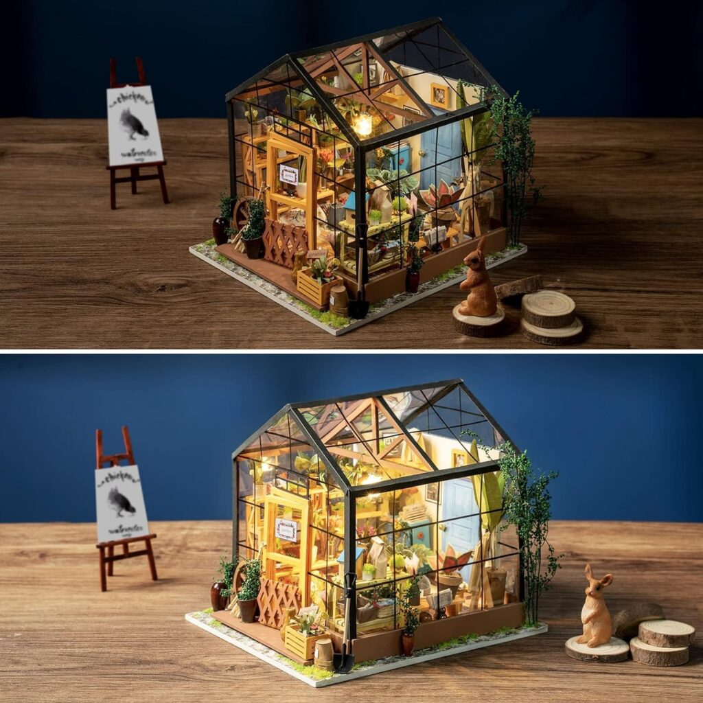 Robotime DIY Doll House kit Cathys Flower House, Miniature Greenhouse Craft Kit for Adults, Mini Diorama Room with Furniture, Educational Toys