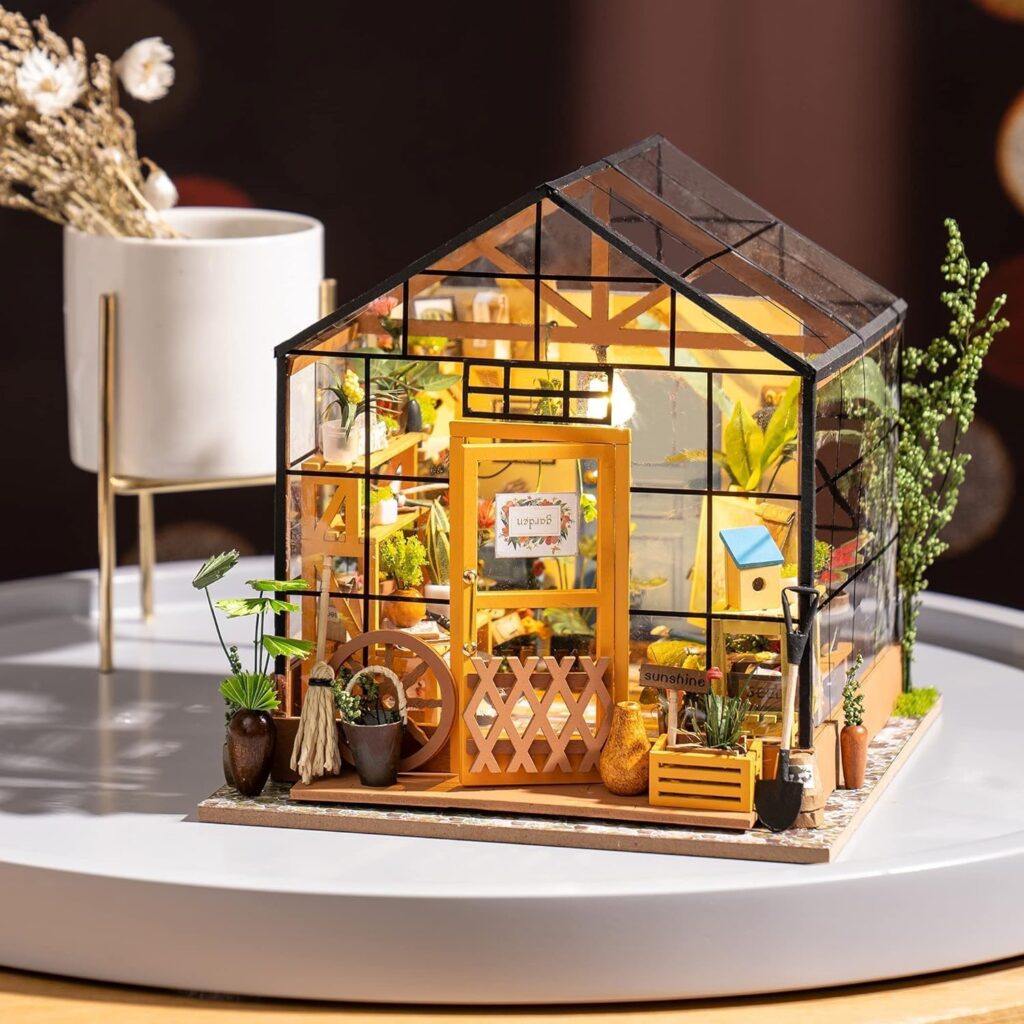 Robotime DIY Doll House kit Cathys Flower House, Miniature Greenhouse Craft Kit for Adults, Mini Diorama Room with Furniture, Educational Toys